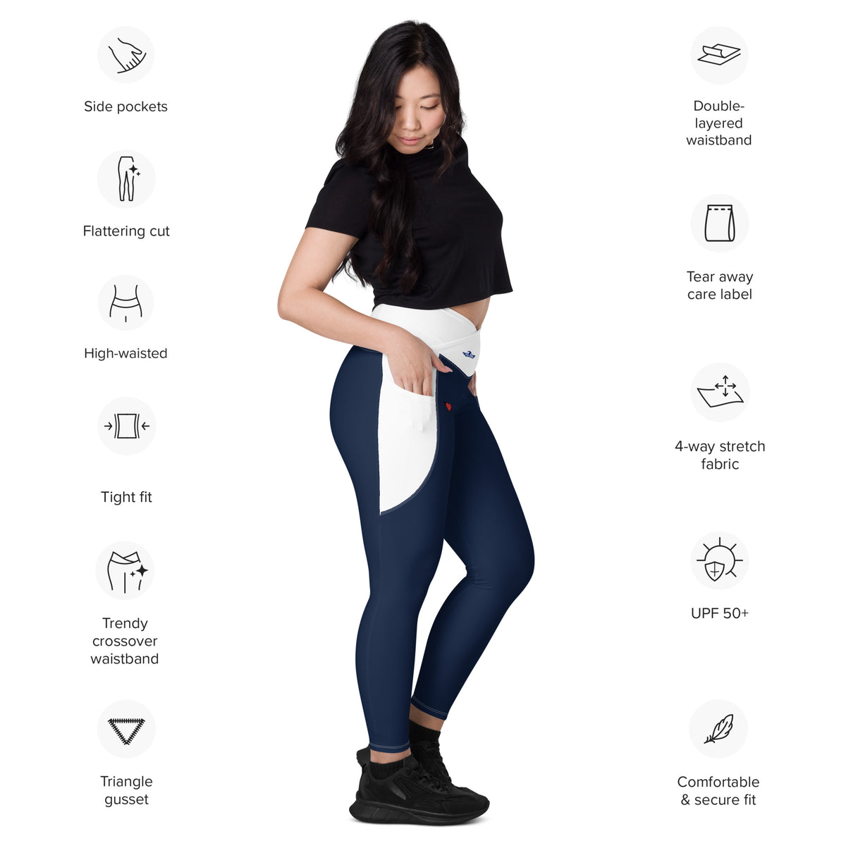 Navy Blue & White Crossover leggings with pockets