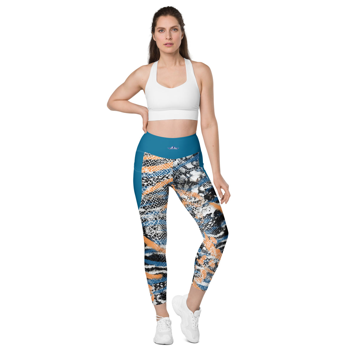 Cerulean Blue Snake Skin Pattern Leggings with Pockets