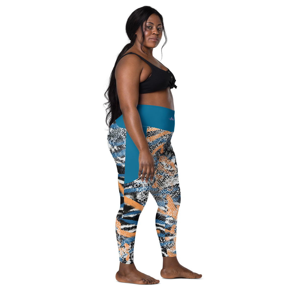 Cerulean Blue Snake Skin Pattern Leggings with Pockets