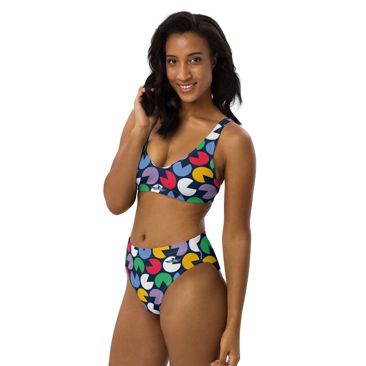 Colourful Cutout Circles Print High-Waisted Bikini
