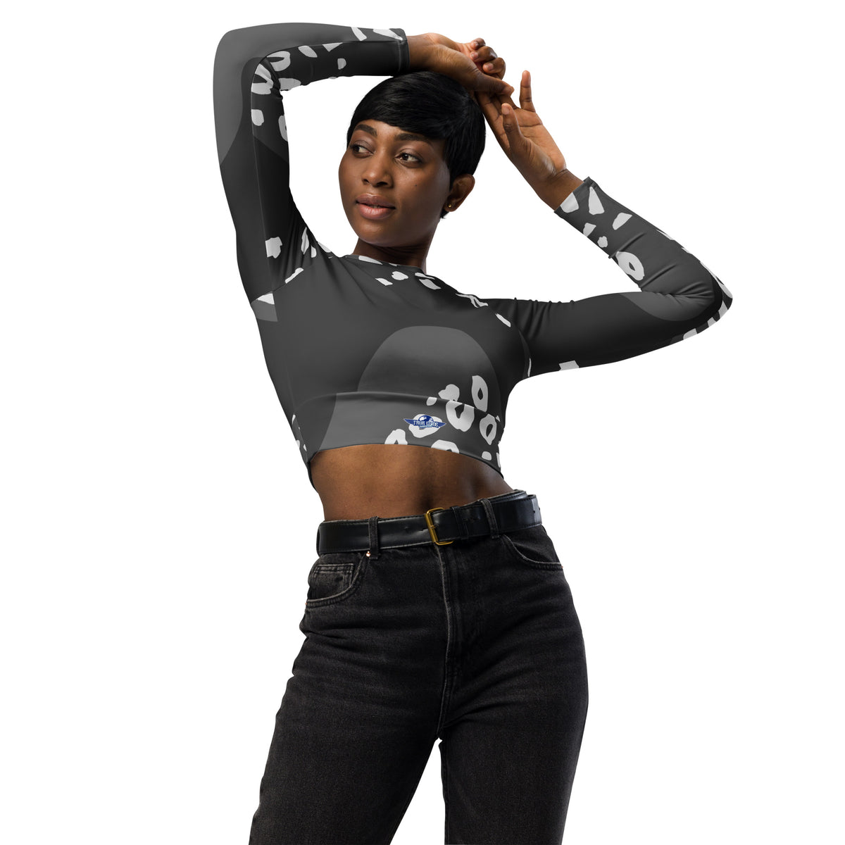 Dark Grey Spotted Clouds Recycled Long-Sleeve Crop Top