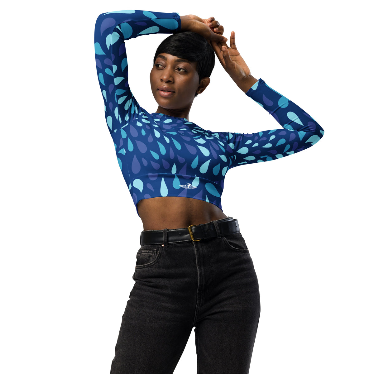 Abstract Blue Tears Recycled Long-Sleeve Crop Top