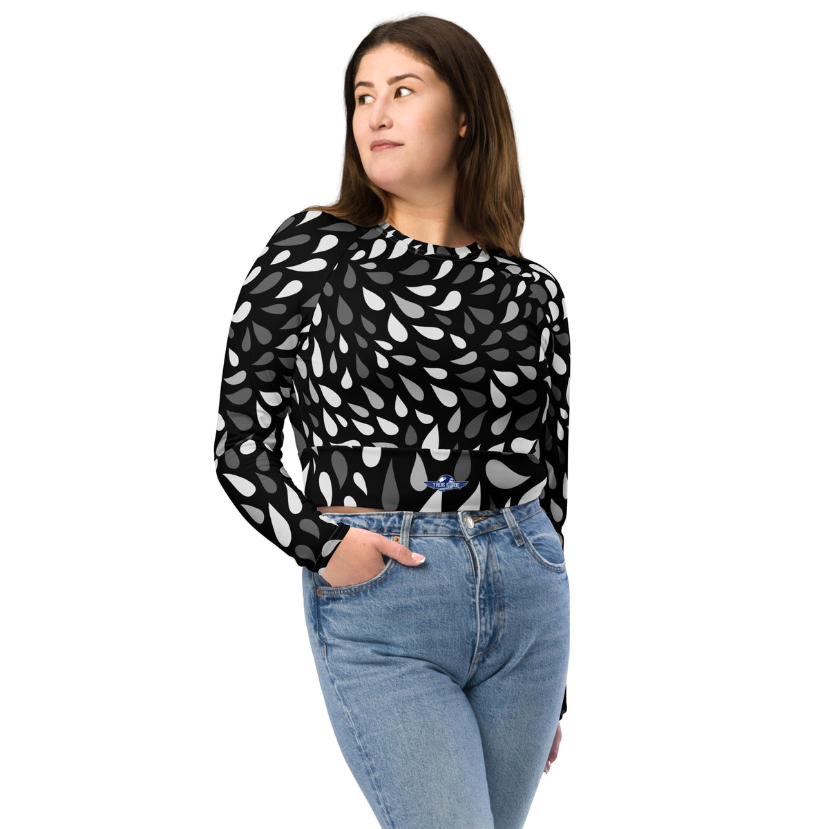Abstract Black & Grey Tears Recycled Long-Sleeve Crop Top