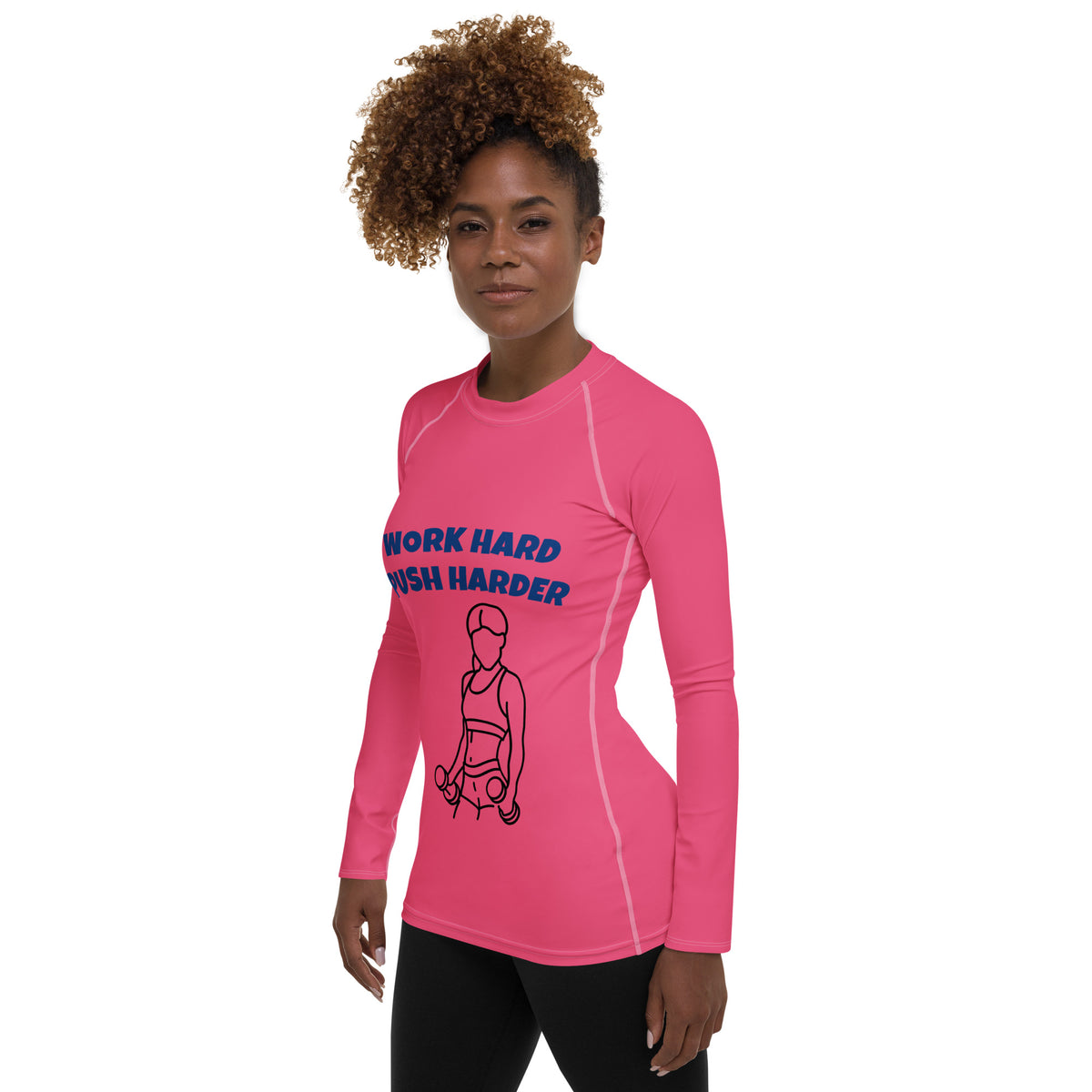 Women Brink Pink Work Hard Push Harder Rash Guard Active Wear